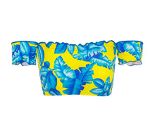 Laad de afbeelding in de Gallery-viewer, Product Front: Rio De Sol Top Top Palmeira Azul Off Shoulder