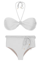 Laad de afbeelding in de Gallery-viewer, Product Front: Rio De Sol Set Set Shimmer-White Twist Belted-High-Waist